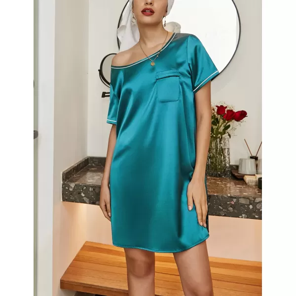 Ekouaer Womens Satin Nightgown Short Sleeve T Shirt Dress Boyfriend Casual Sleep Dress Loose Pajamas Shirt S3XLPeacock Blue