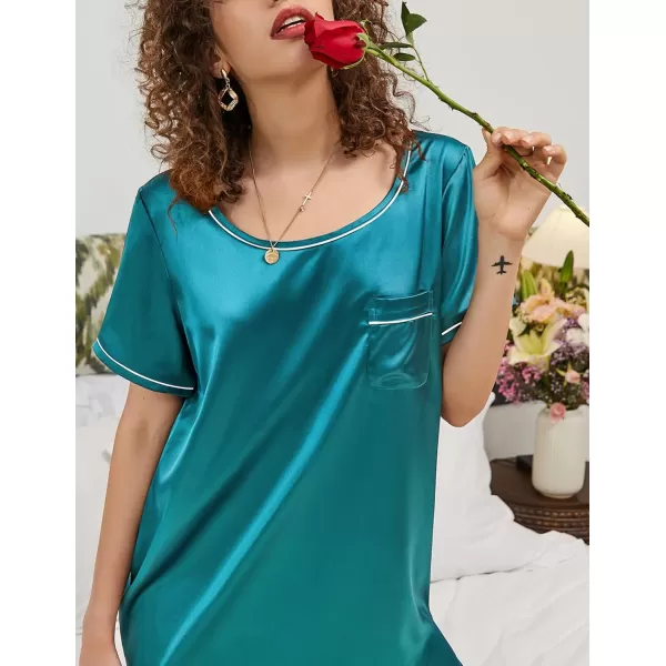 Ekouaer Womens Satin Nightgown Short Sleeve T Shirt Dress Boyfriend Casual Sleep Dress Loose Pajamas Shirt S3XLPeacock Blue