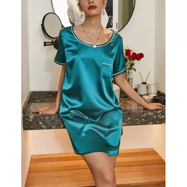 Ekouaer Womens Satin Nightgown Short Sleeve T Shirt Dress Boyfriend Casual Sleep Dress Loose Pajamas Shirt S3XLPeacock Blue