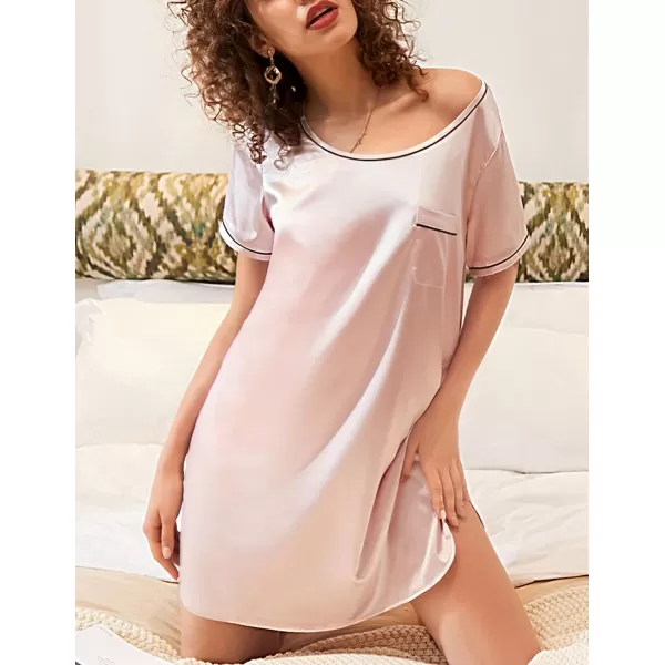 Ekouaer Womens Satin Nightgown Short Sleeve T Shirt Dress Boyfriend Casual Sleep Dress Loose Pajamas Shirt S3XLPink