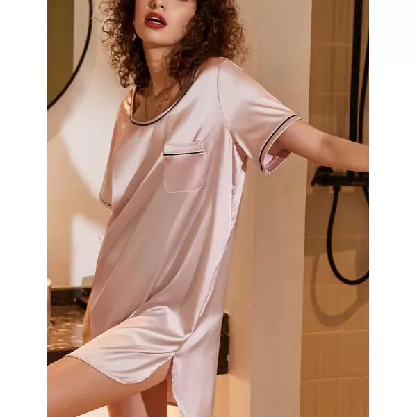 Ekouaer Womens Satin Nightgown Short Sleeve T Shirt Dress Boyfriend Casual Sleep Dress Loose Pajamas Shirt S3XLPink