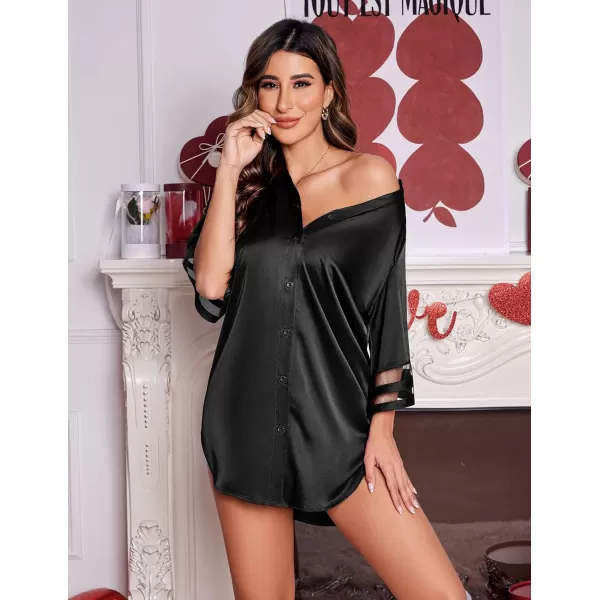 Ekouaer Womens Satin Nightgown Silk Pajamas Button Down Sleepshirt Sexy Boyfriend Night Shirts 34 Sleeve SXXL02 Black