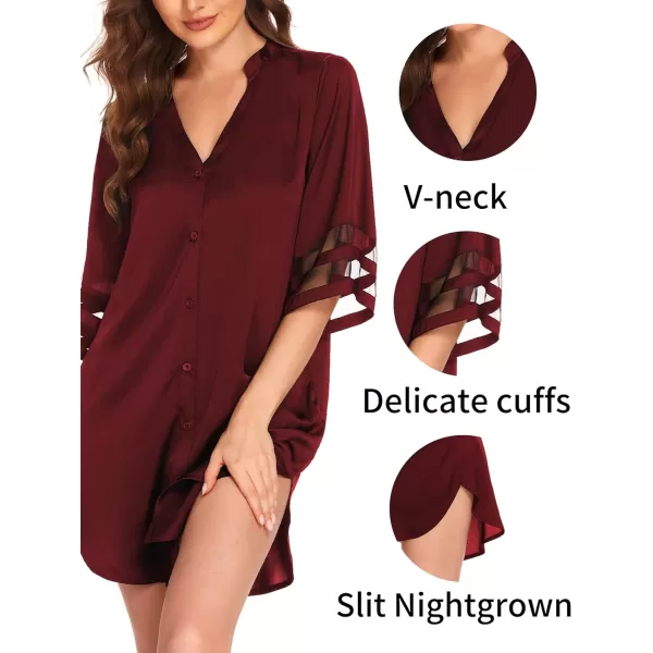 Ekouaer Womens Satin Nightgown Silk Pajamas Button Down Sleepshirt Sexy Boyfriend Night Shirts 34 Sleeve SXXL03 Wine Red