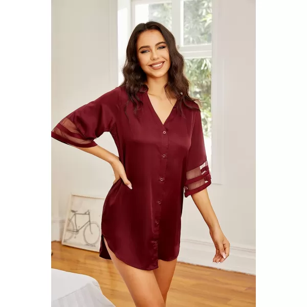 Ekouaer Womens Satin Nightgown Silk Pajamas Button Down Sleepshirt Sexy Boyfriend Night Shirts 34 Sleeve SXXL03 Wine Red