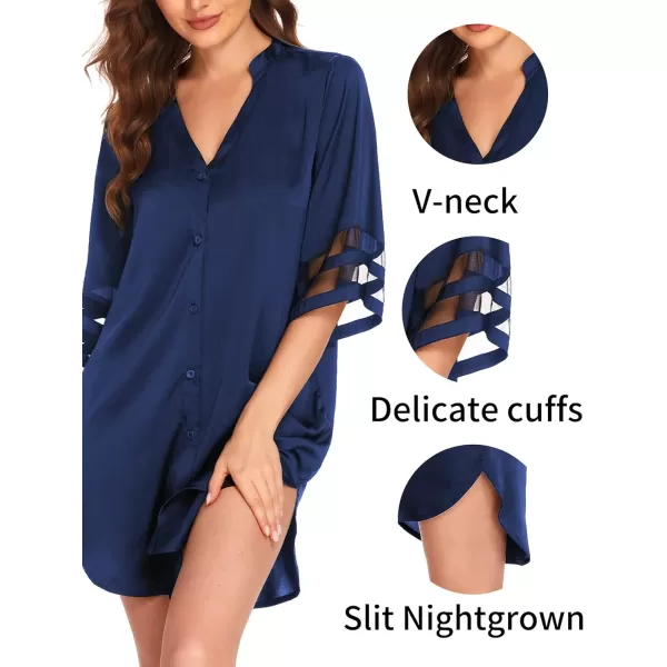 Ekouaer Womens Satin Nightgown Silk Pajamas Button Down Sleepshirt Sexy Boyfriend Night Shirts 34 Sleeve SXXL04 Navy Blue