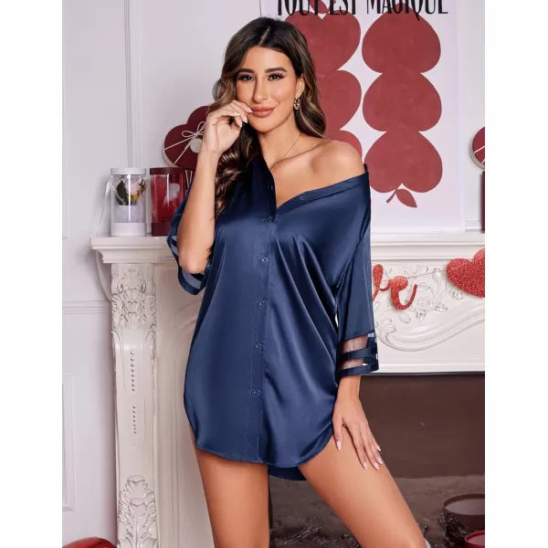 Ekouaer Womens Satin Nightgown Silk Pajamas Button Down Sleepshirt Sexy Boyfriend Night Shirts 34 Sleeve SXXL04 Navy Blue