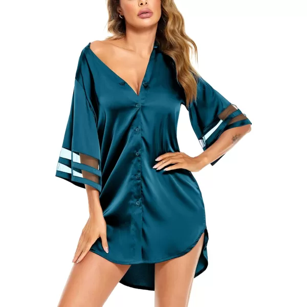 Ekouaer Womens Satin Nightgown Silk Pajamas Button Down Sleepshirt Sexy Boyfriend Night Shirts 34 Sleeve SXXL05 Peacock Blue