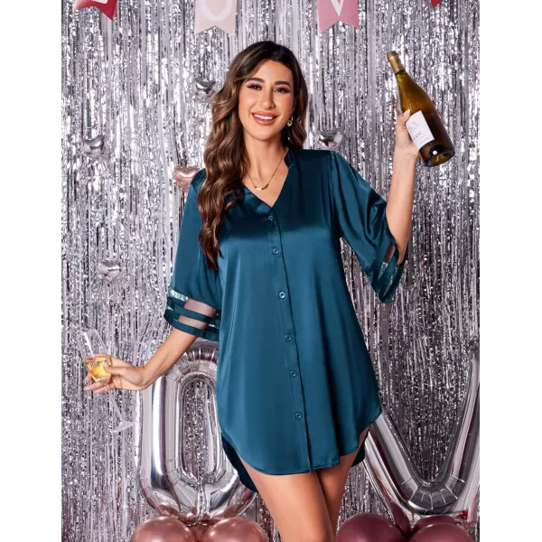 Ekouaer Womens Satin Nightgown Silk Pajamas Button Down Sleepshirt Sexy Boyfriend Night Shirts 34 Sleeve SXXL05 Peacock Blue