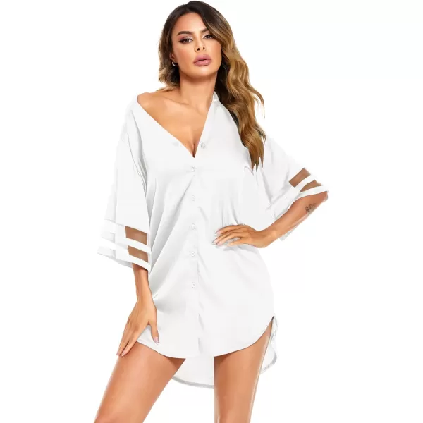 Ekouaer Womens Satin Nightgown Silk Pajamas Button Down Sleepshirt Sexy Boyfriend Night Shirts 34 Sleeve SXXL06 White