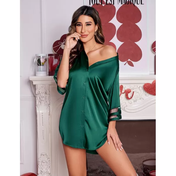 Ekouaer Womens Satin Nightgown Silk Pajamas Button Down Sleepshirt Sexy Boyfriend Night Shirts 34 Sleeve SXXL07 Green