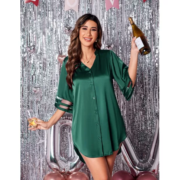 Ekouaer Womens Satin Nightgown Silk Pajamas Button Down Sleepshirt Sexy Boyfriend Night Shirts 34 Sleeve SXXL07 Green