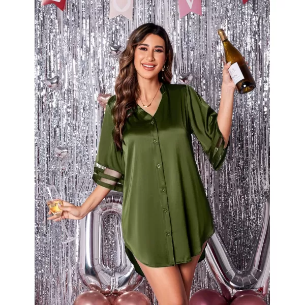 Ekouaer Womens Satin Nightgown Silk Pajamas Button Down Sleepshirt Sexy Boyfriend Night Shirts 34 Sleeve SXXLArmy Green