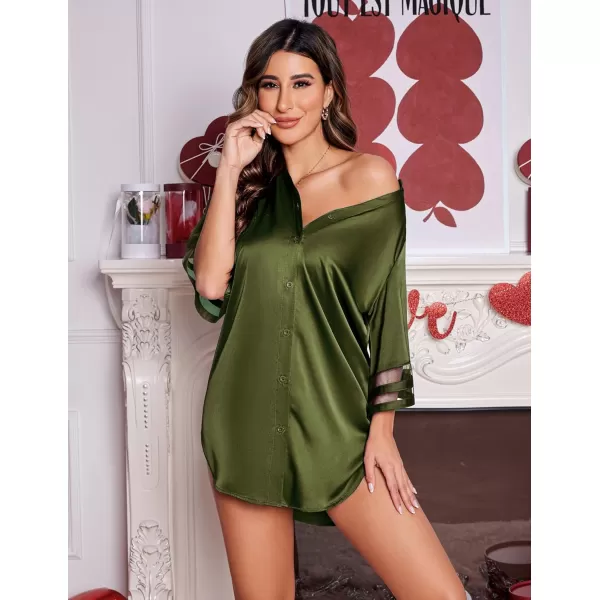 Ekouaer Womens Satin Nightgown Silk Pajamas Button Down Sleepshirt Sexy Boyfriend Night Shirts 34 Sleeve SXXLArmy Green