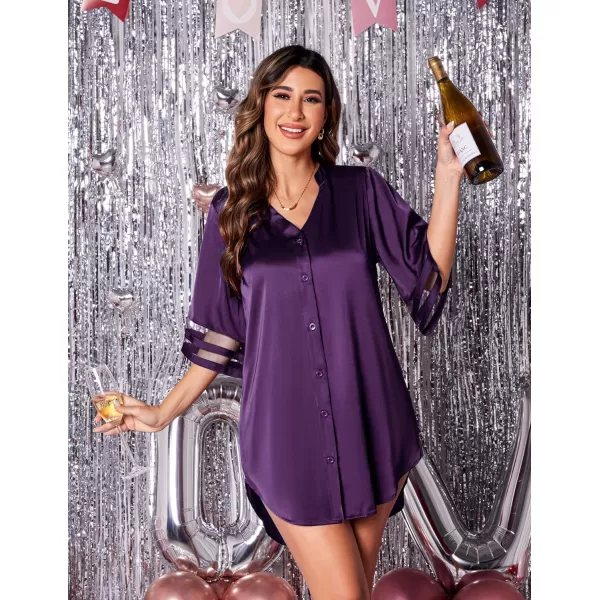 Ekouaer Womens Satin Nightgown Silk Pajamas Button Down Sleepshirt Sexy Boyfriend Night Shirts 34 Sleeve SXXLPurple