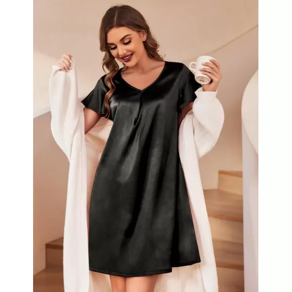 Ekouaer Womens Satin Nightgown V Neck Silk Sleepshirt Short Flare Sleeve Sleepwear Pleated NightshirtBlack