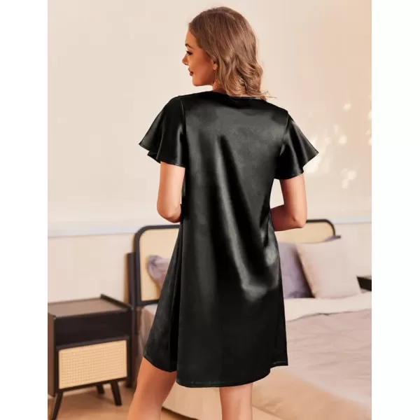 Ekouaer Womens Satin Nightgown V Neck Silk Sleepshirt Short Flare Sleeve Sleepwear Pleated NightshirtBlack