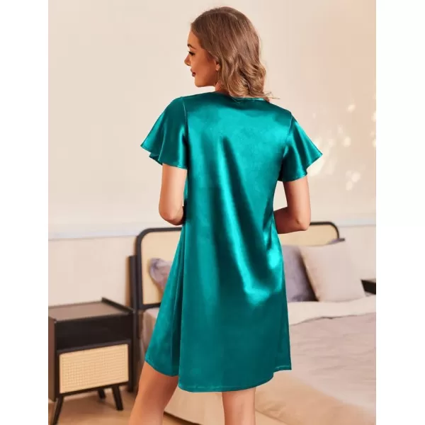 Ekouaer Womens Satin Nightgown V Neck Silk Sleepshirt Short Flare Sleeve Sleepwear Pleated NightshirtBlue Green