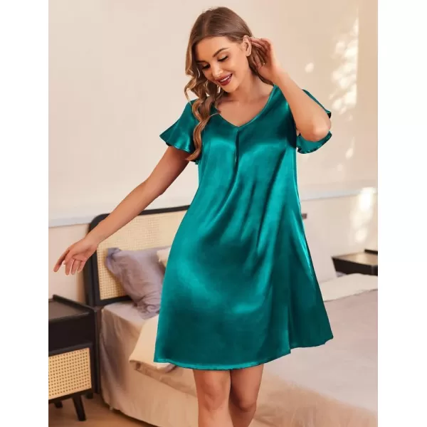 Ekouaer Womens Satin Nightgown V Neck Silk Sleepshirt Short Flare Sleeve Sleepwear Pleated NightshirtBlue Green