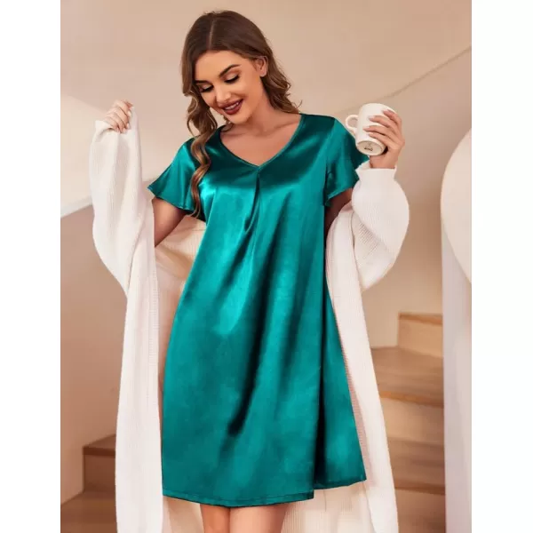 Ekouaer Womens Satin Nightgown V Neck Silk Sleepshirt Short Flare Sleeve Sleepwear Pleated NightshirtBlue Green