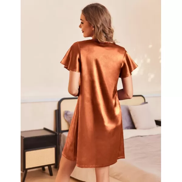 Ekouaer Womens Satin Nightgown V Neck Silk Sleepshirt Short Flare Sleeve Sleepwear Pleated NightshirtCaramel