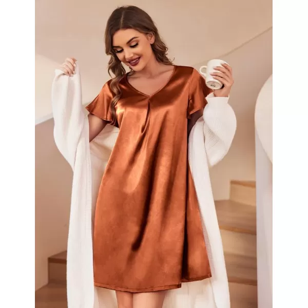 Ekouaer Womens Satin Nightgown V Neck Silk Sleepshirt Short Flare Sleeve Sleepwear Pleated NightshirtCaramel