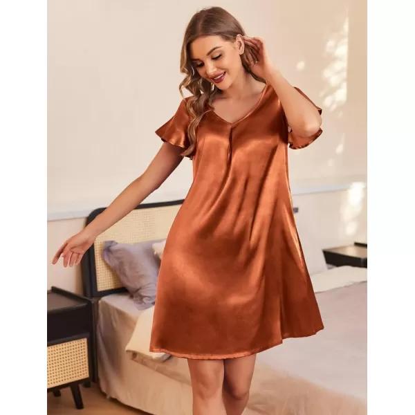 Ekouaer Womens Satin Nightgown V Neck Silk Sleepshirt Short Flare Sleeve Sleepwear Pleated NightshirtCaramel