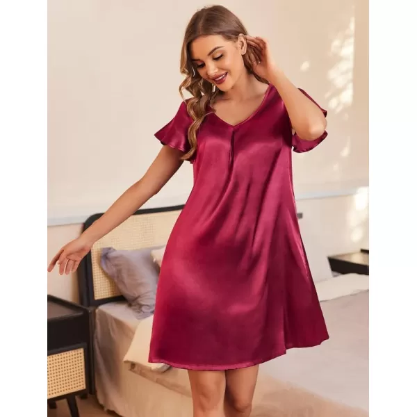 Ekouaer Womens Satin Nightgown V Neck Silk Sleepshirt Short Flare Sleeve Sleepwear Pleated NightshirtWine Red