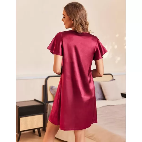 Ekouaer Womens Satin Nightgown V Neck Silk Sleepshirt Short Flare Sleeve Sleepwear Pleated NightshirtWine Red