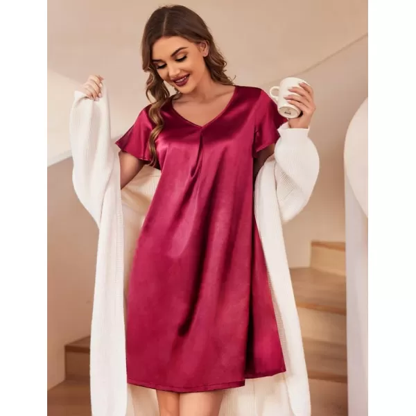 Ekouaer Womens Satin Nightgown V Neck Silk Sleepshirt Short Flare Sleeve Sleepwear Pleated NightshirtWine Red