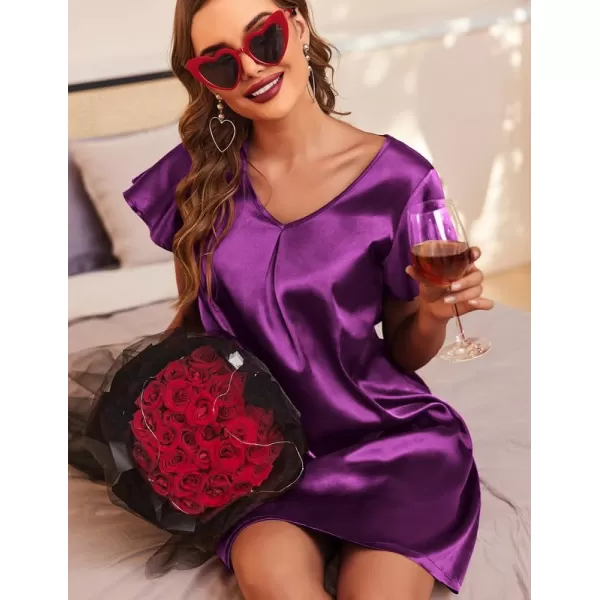 Ekouaer Womens Satin Nightgown V Neck Silk Sleepshirt Short Flare Sleeve Sleepwear Pleated NightshirtWineberry