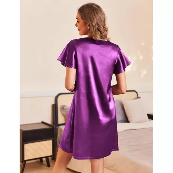 Ekouaer Womens Satin Nightgown V Neck Silk Sleepshirt Short Flare Sleeve Sleepwear Pleated NightshirtWineberry