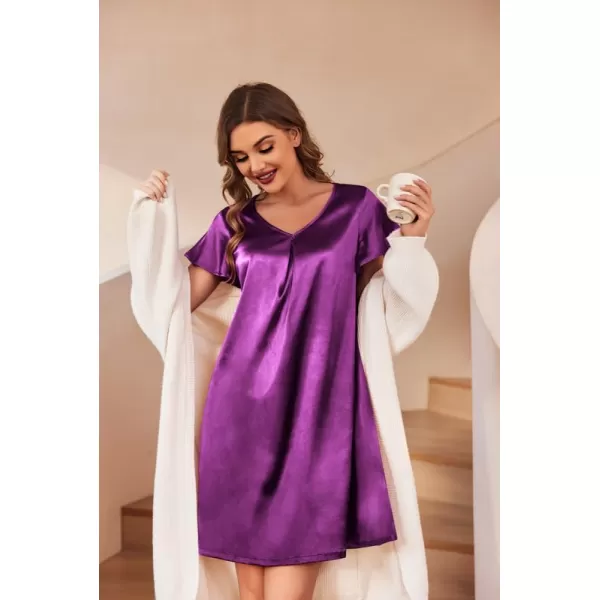 Ekouaer Womens Satin Nightgown V Neck Silk Sleepshirt Short Flare Sleeve Sleepwear Pleated NightshirtWineberry