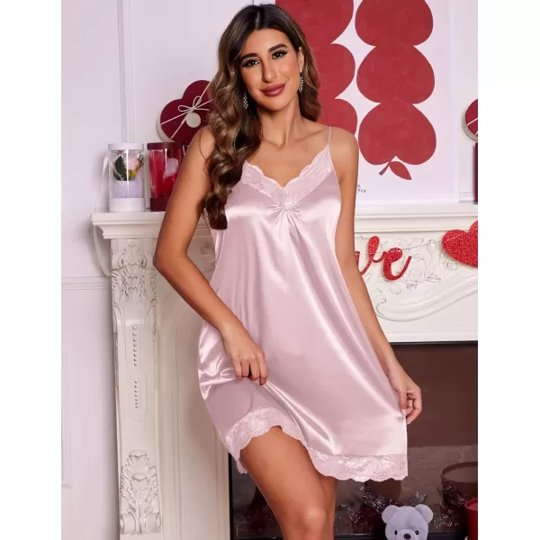 Ekouaer Womens Satin Nightgown Vneck Lace Chemise Sleepwear Soft Lingerie for Women SXXLSatinlight Rose