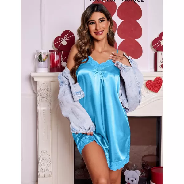 Ekouaer Womens Satin Nightgown Vneck Lace Chemise Sleepwear Soft Lingerie for Women SXXLSlight Blue