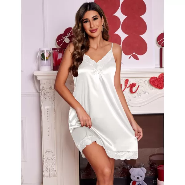 Ekouaer Womens Satin Nightgown Vneck Lace Chemise Sleepwear Soft Lingerie for Women SXXLSwhite