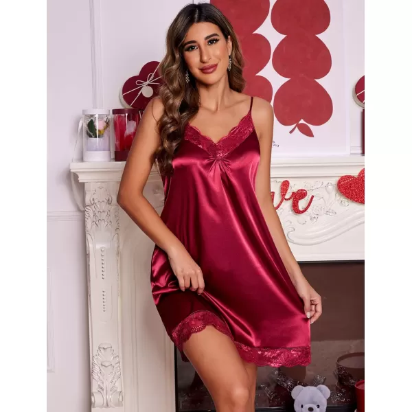 Ekouaer Womens Satin Nightgown Vneck Lace Chemise Sleepwear Soft Lingerie for Women SXXLSwine Red