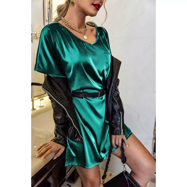 Ekouaer Womens Satin Nightgowns V Neck Side Split Sleepshirt Short Sleeves Sleepwear Chest Pocket Nightshirt SXXLDark Green