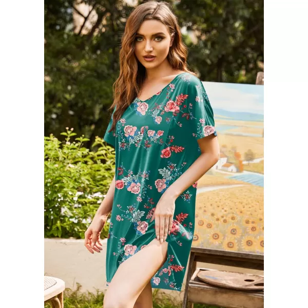 Ekouaer Womens Satin Nightgowns V Neck Side Split Sleepshirt Short Sleeves Sleepwear Chest Pocket Nightshirt SXXLDark Green Floral