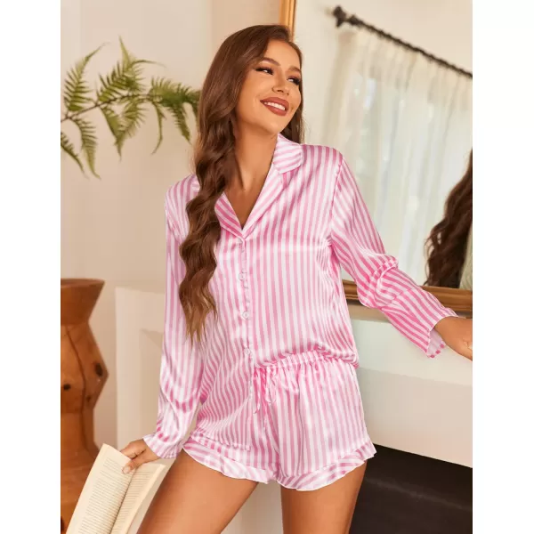 Ekouaer Womens Satin Pajama Sets Long Sleeve Top and Shorts Lounge Set Button Down Sleepwear SXXLPat2pink Striped