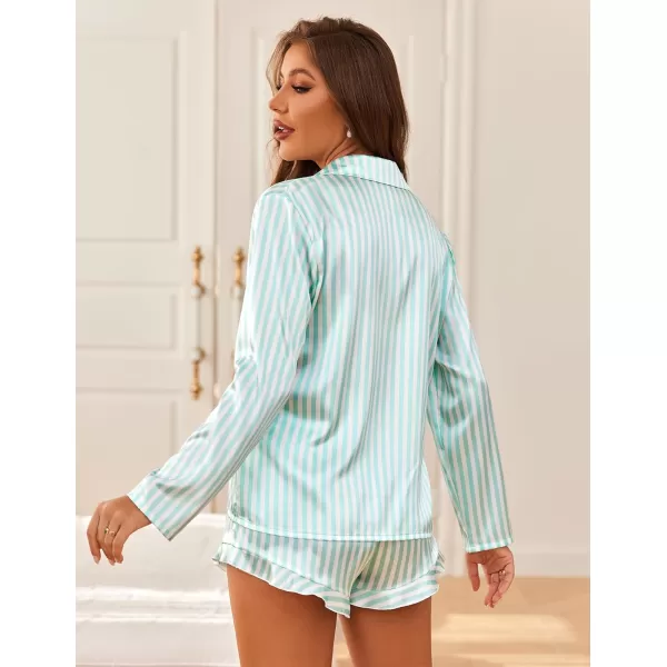 Ekouaer Womens Satin Pajama Sets Long Sleeve Top and Shorts Lounge Set Button Down Sleepwear SXXLPat3green Striped