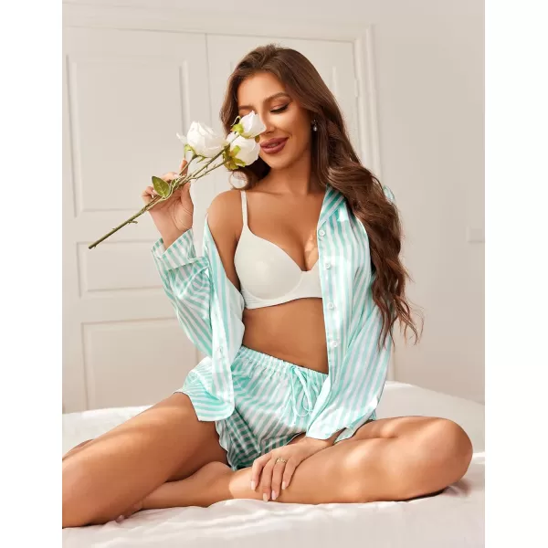 Ekouaer Womens Satin Pajama Sets Long Sleeve Top and Shorts Lounge Set Button Down Sleepwear SXXLPat3green Striped