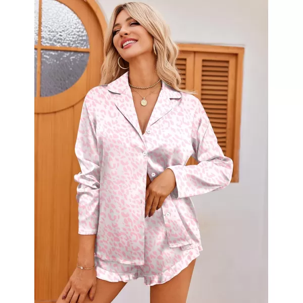 Ekouaer Womens Satin Pajama Sets Long Sleeve Top and Shorts Lounge Set Button Down Sleepwear SXXLPat4pink Leopard