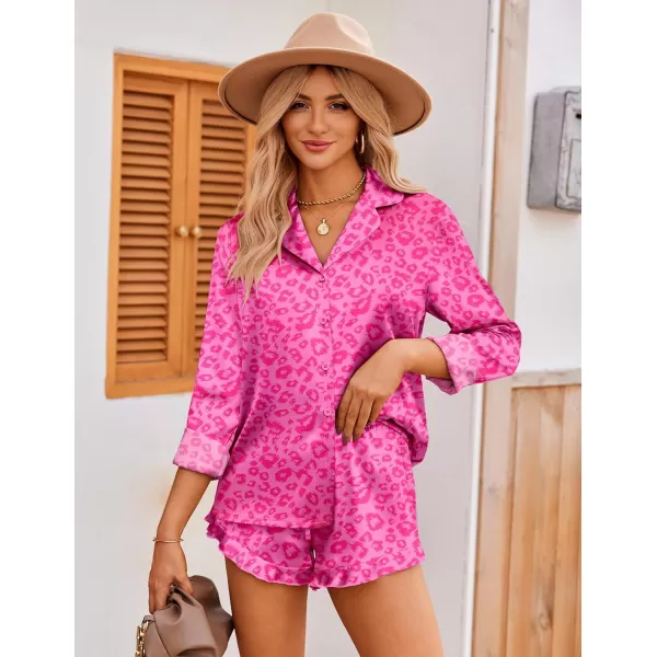 Ekouaer Womens Satin Pajama Sets Long Sleeve Top and Shorts Lounge Set Button Down Sleepwear SXXLPat5hot Pink Leopard