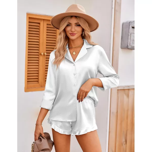 Ekouaer Womens Satin Pajama Sets Long Sleeve Top and Shorts Lounge Set Button Down Sleepwear SXXLWhite