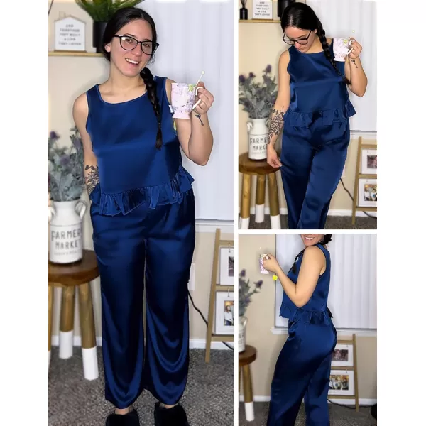 Ekouaer Womens Satin Pajamas Set 2 Piece Silk Outfits Sleeveless Tank Crop Wide Leg Pants Sleepwear with PocketsNavy Blue