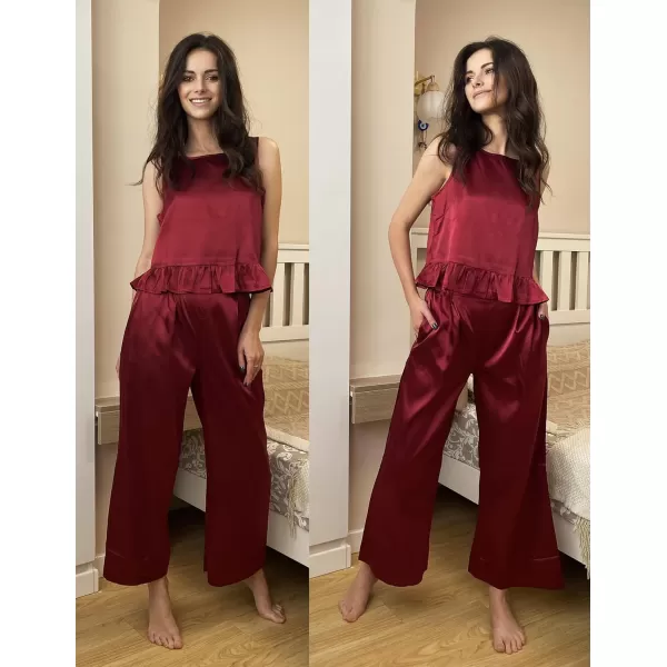 Ekouaer Womens Satin Pajamas Set 2 Piece Silk Outfits Sleeveless Tank Crop Wide Leg Pants Sleepwear with PocketsWine Red