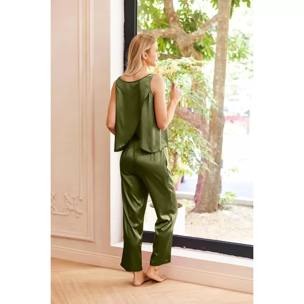 Ekouaer Womens Satin Pajamas Set Back Split Top and Long Pant Silk Pj Set Tank Sleepwear SXXLArmy Green