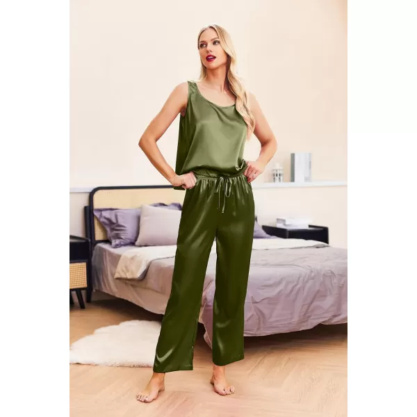 Ekouaer Womens Satin Pajamas Set Back Split Top and Long Pant Silk Pj Set Tank Sleepwear SXXLArmy Green