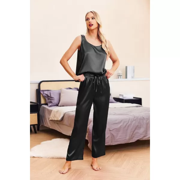 Ekouaer Womens Satin Pajamas Set Back Split Top and Long Pant Silk Pj Set Tank Sleepwear SXXLBlack