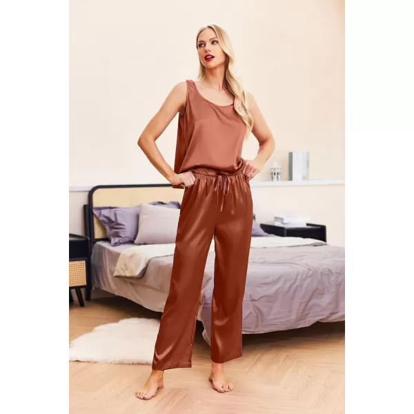 Ekouaer Womens Satin Pajamas Set Back Split Top and Long Pant Silk Pj Set Tank Sleepwear SXXLCaramel